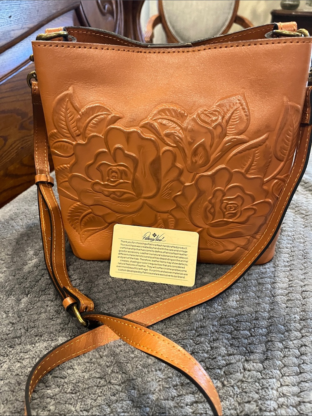 Patricia Nash Embossed Floral Leather Shoulder Bag - Tan